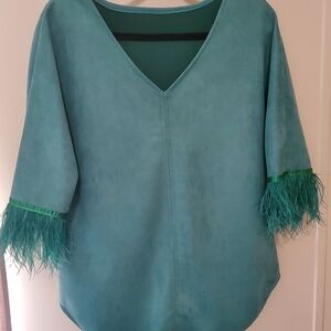 Teal V-Neck Feather Trim Women's Top